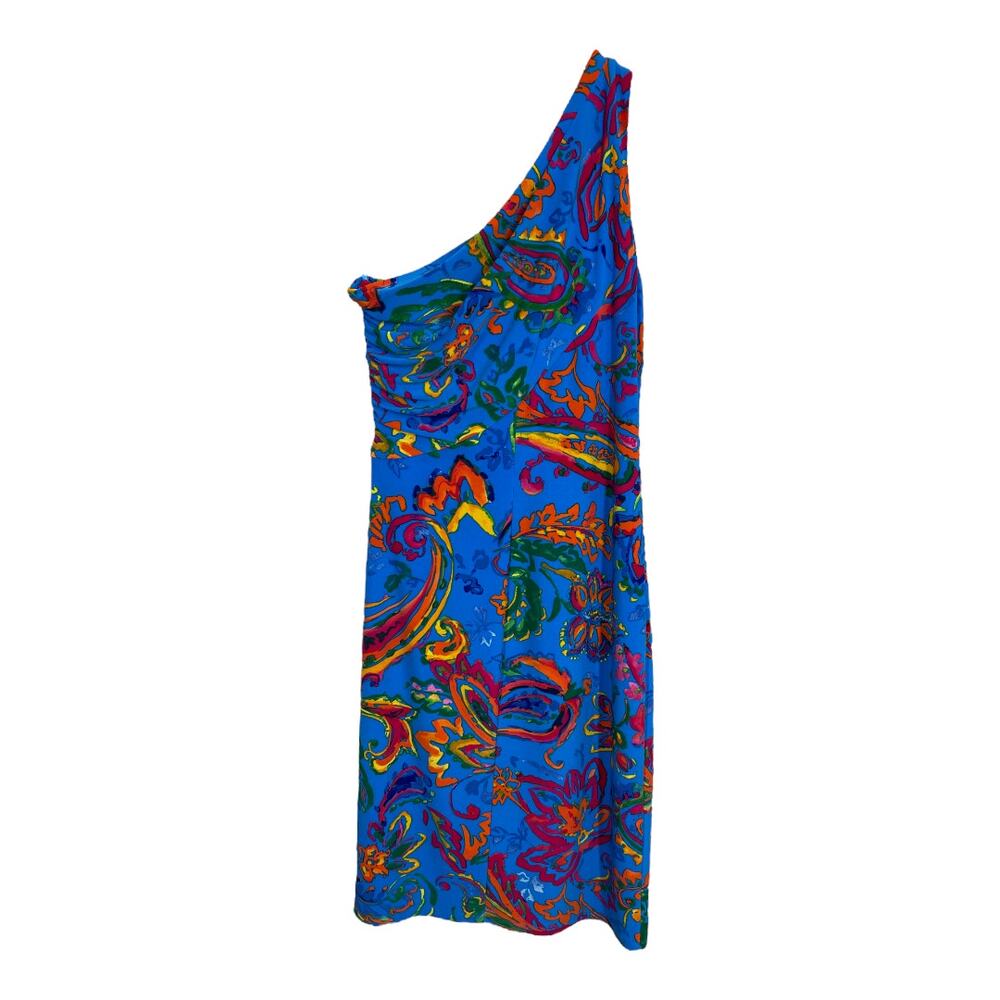 Lauren Ralph Lauren Blue Paisley Ruched One Shoulder Dress 2 Stretch Jersey - Picture 3 of 4